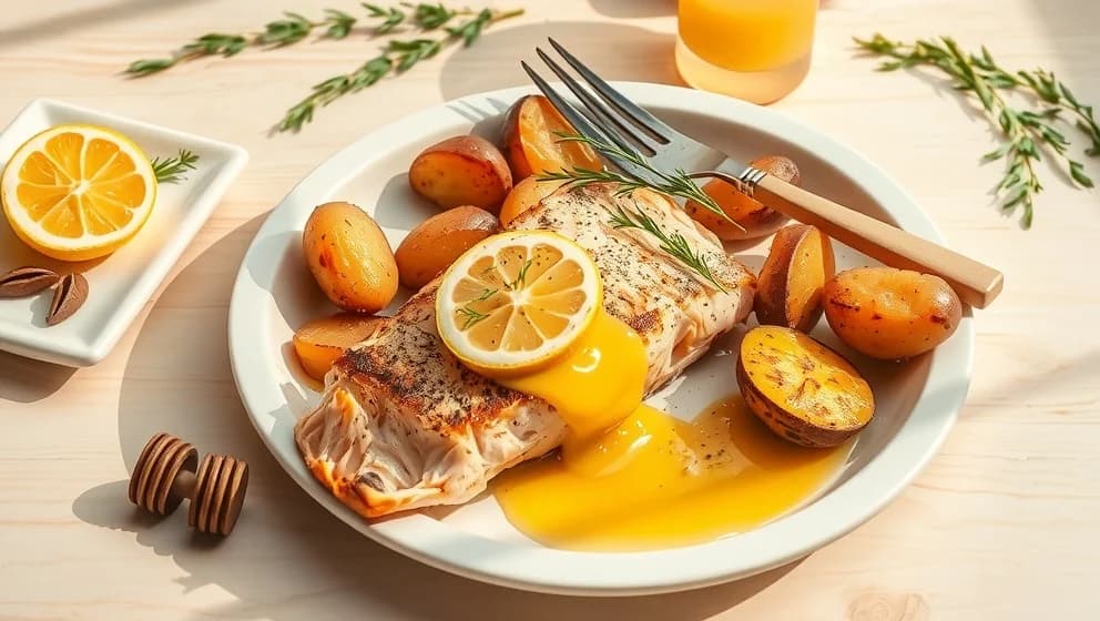 Lax i ugn med potatis och sås som smör